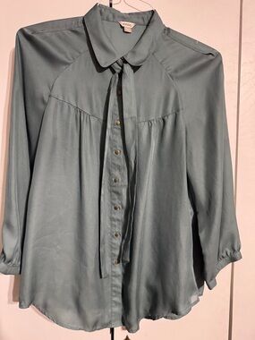 Fossil Sage Green Tie-Neck Button Blouse